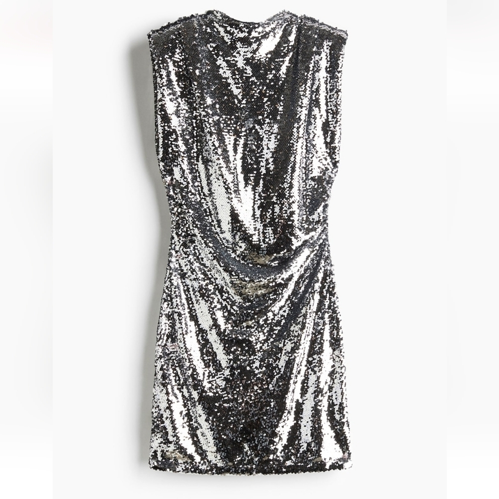 H&M Sequin Silver Shoulder-pad Dress Sz S